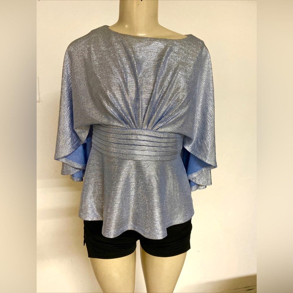 Adrianna Papell Metallic Silver and Blue Shimmery Kimono Cape Blouse
